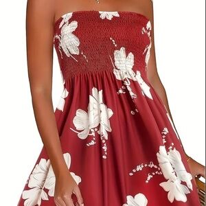 Elegant Strapless Floral Dress Red White Flower Print Fit Flare Smocked New